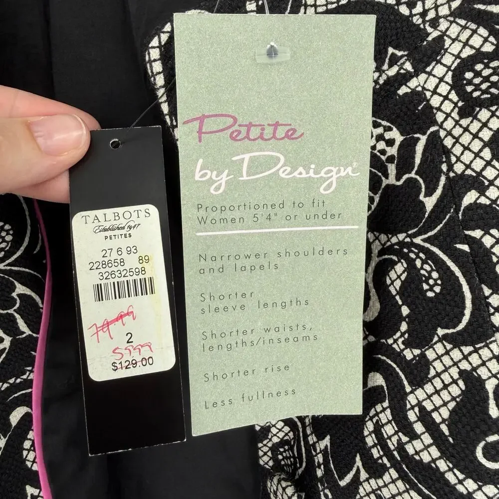 Talbots NEW Petite Black White Cotton Damask Blazer Professional Work Jacket